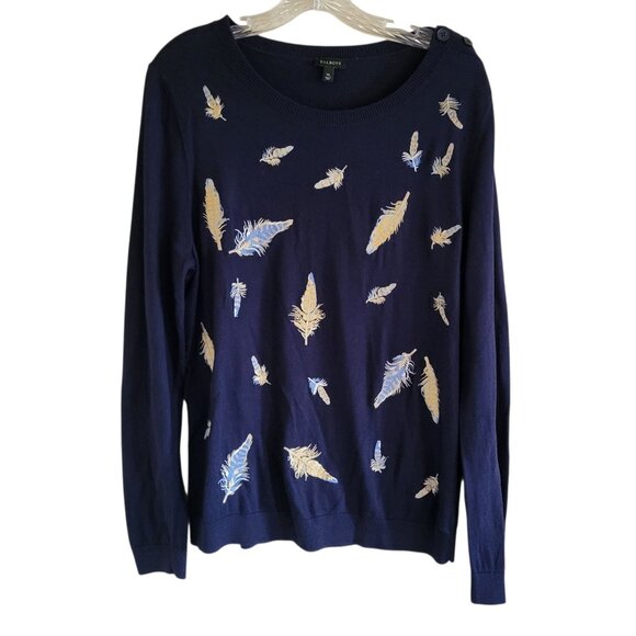 Talbots Sweater Women's XL Blue Embroidered Feathers Button Shoulder Boho - Picture 1 of 8